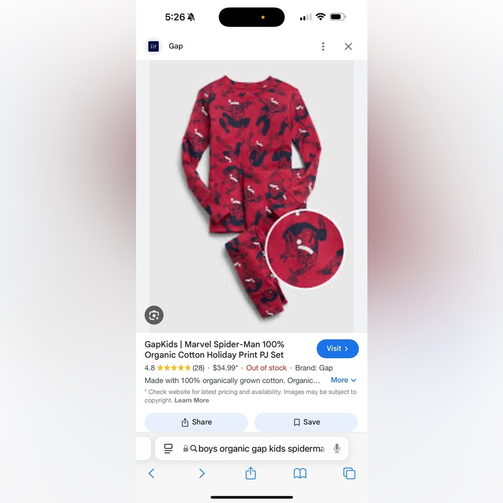 GAP organic Red Marvel Spider-Man Kids Pajama Set